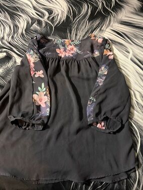 LC Lauren Conrad Black Blouse with Pink & Peach Floral Yoke